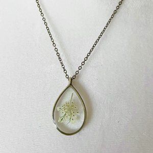 Tiny floral white Queen Anne’s Lace flower teardrop shaped resin necklace